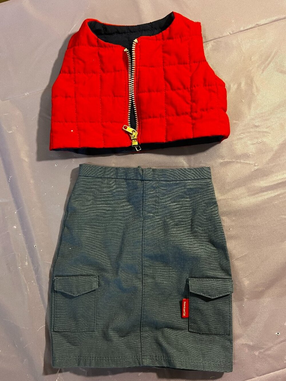 American Girl Urban Outfit Red Reversible Quilted Vest & Blue Cargo Skirt Retire